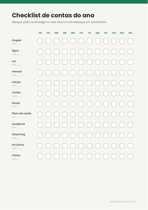 Checklist de contas do ano
